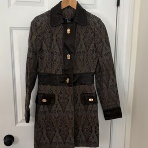 Elegant brown and blue paisley jacket and skirt with leather trim